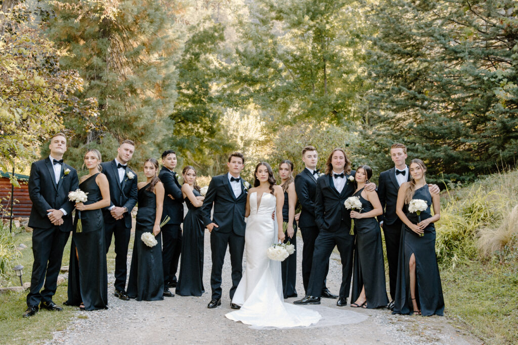 california wedding party in all black with bride in white dress, vogue styling, natural setting, romantic wedding