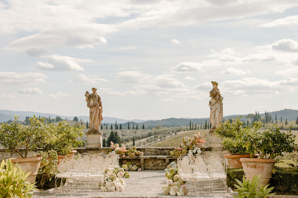 Wedding Ceremony setup in the gardens at Villa Corsini in Tuscany, Italy