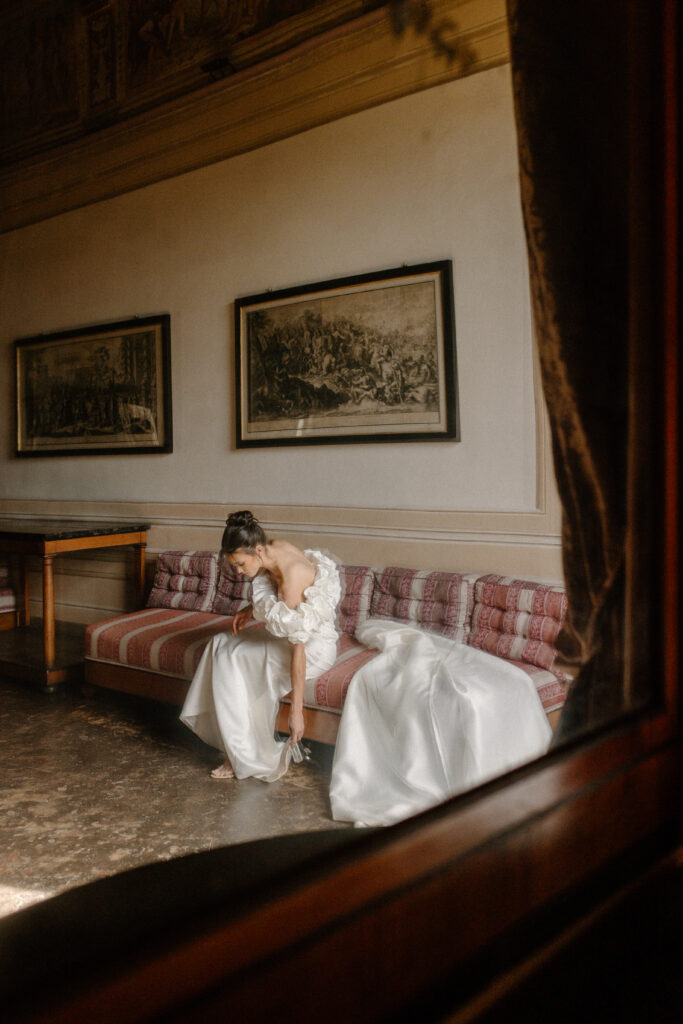 bride getting ready on her wedding day in Tuscany, Italy