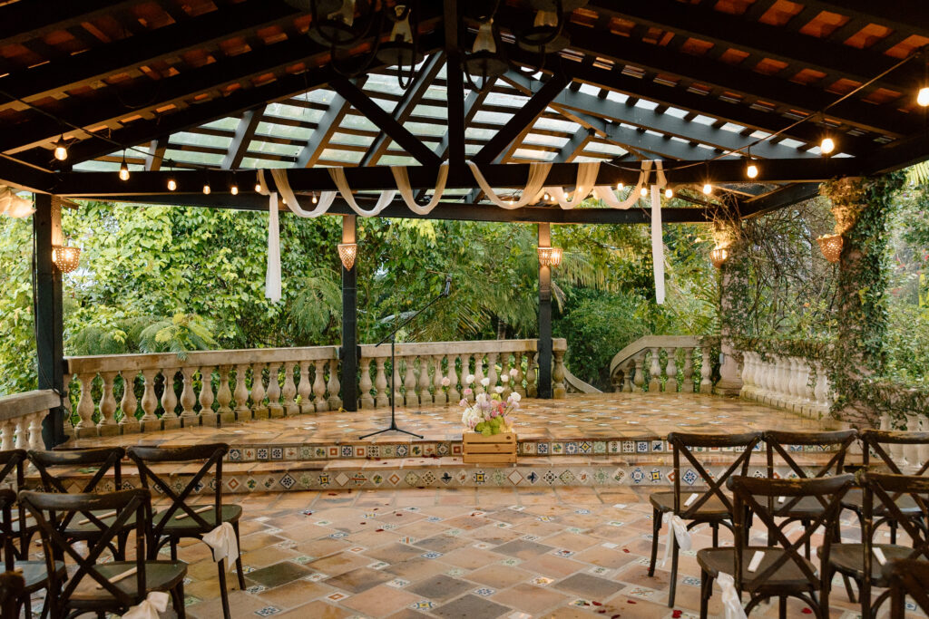 Ceremony site on wedding day for rain coverage at the Hacienda Siesta Alegre in Puerto Rico 