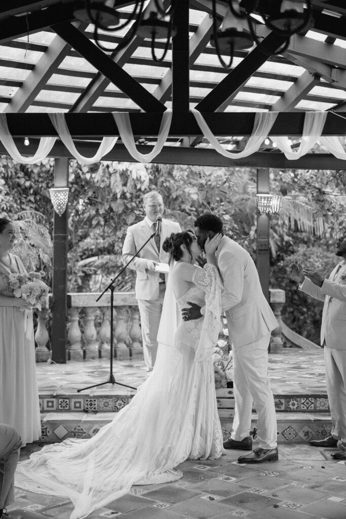 first kiss as a married couple at the Hacienda Siesta Alegre in Puerto Rico 
