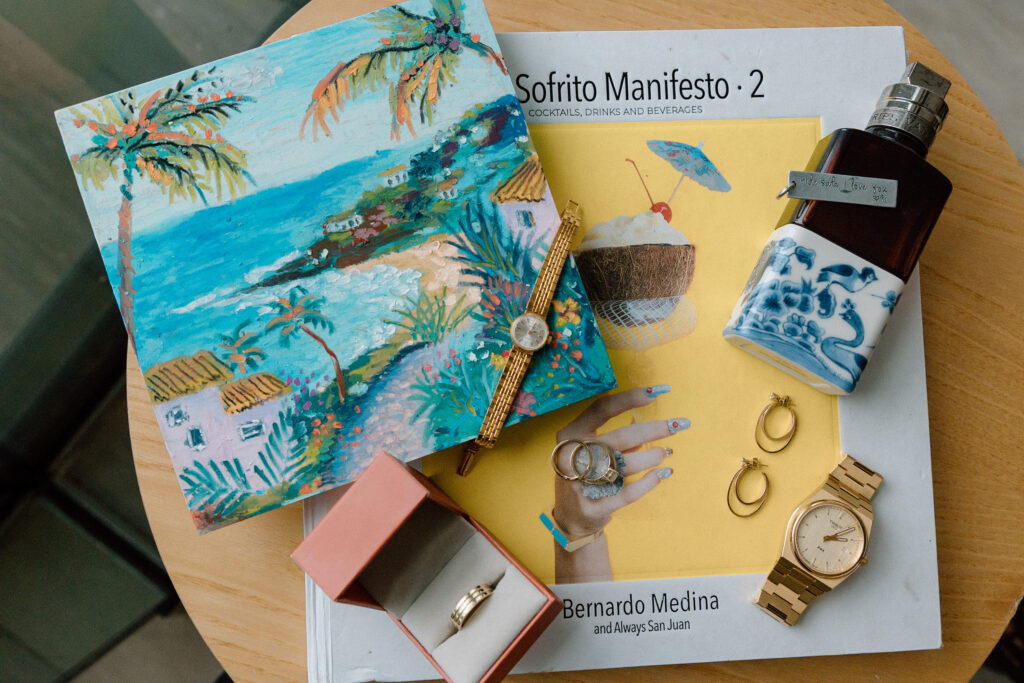 Flat lay of wedding day details at the Condado Ocean Club in San Juan Puerto Rico 