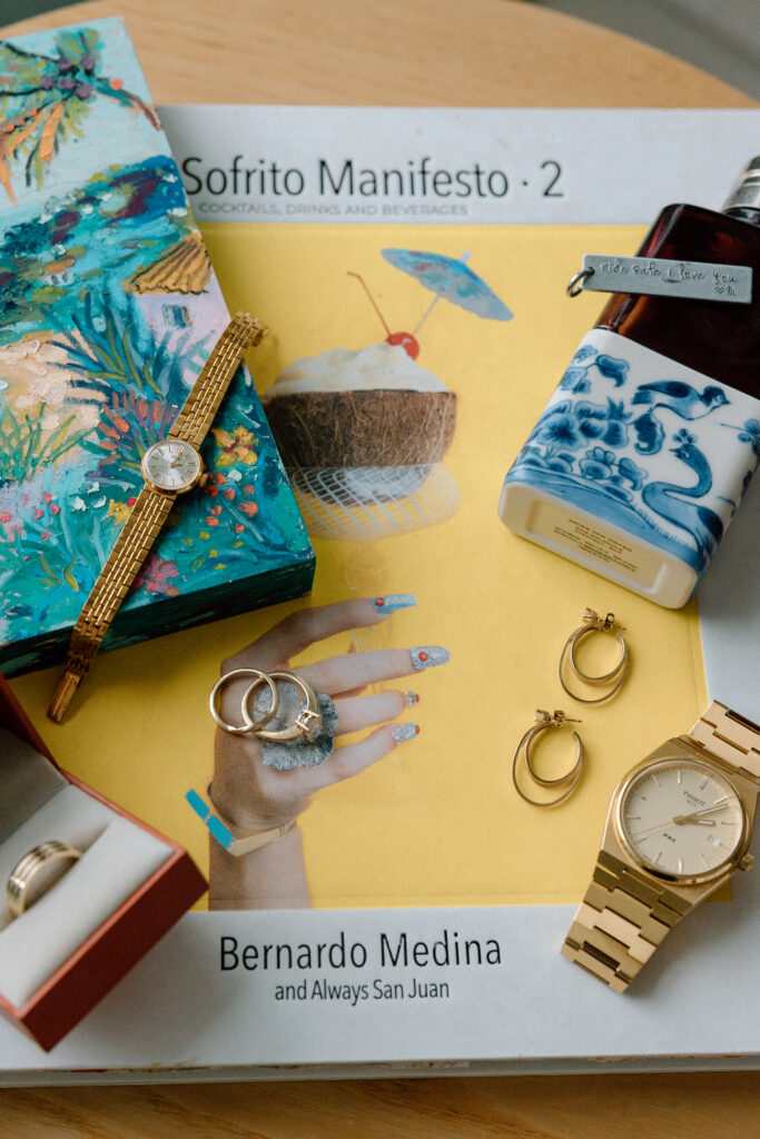 Flat lay of wedding day details at the Condado Ocean Club in San Juan Puerto Rico 