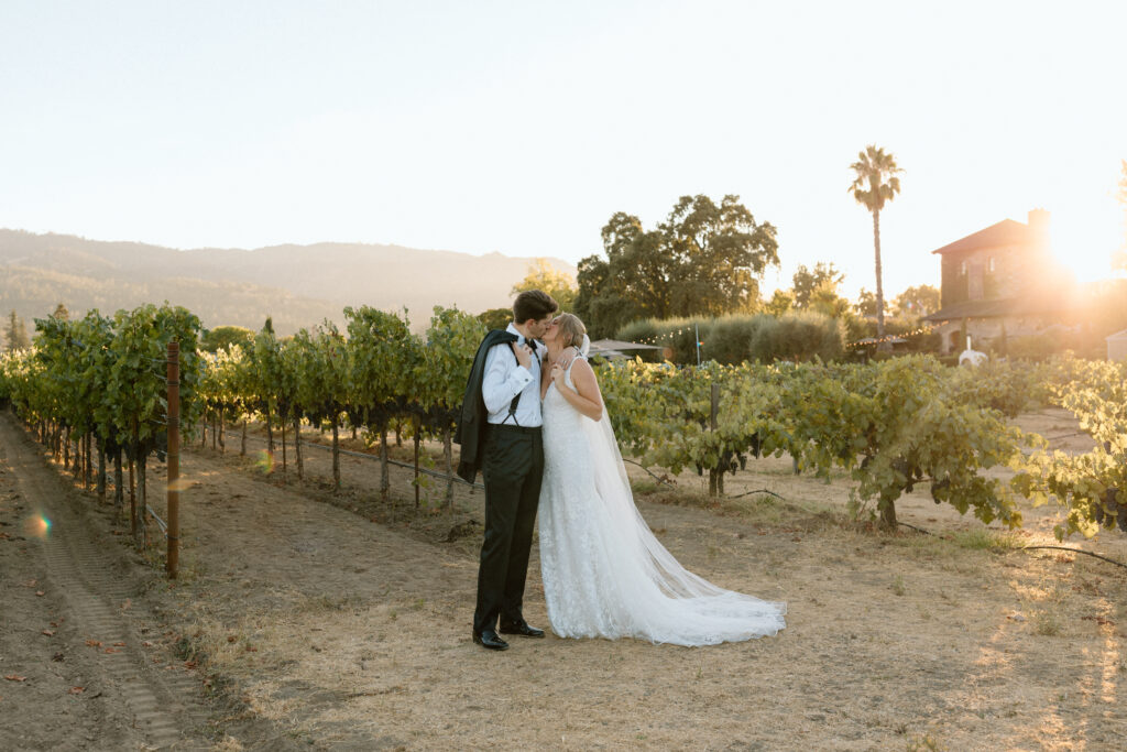 Napa Valley Wedding at V Sattui Winery with Bride and Groom at sunset