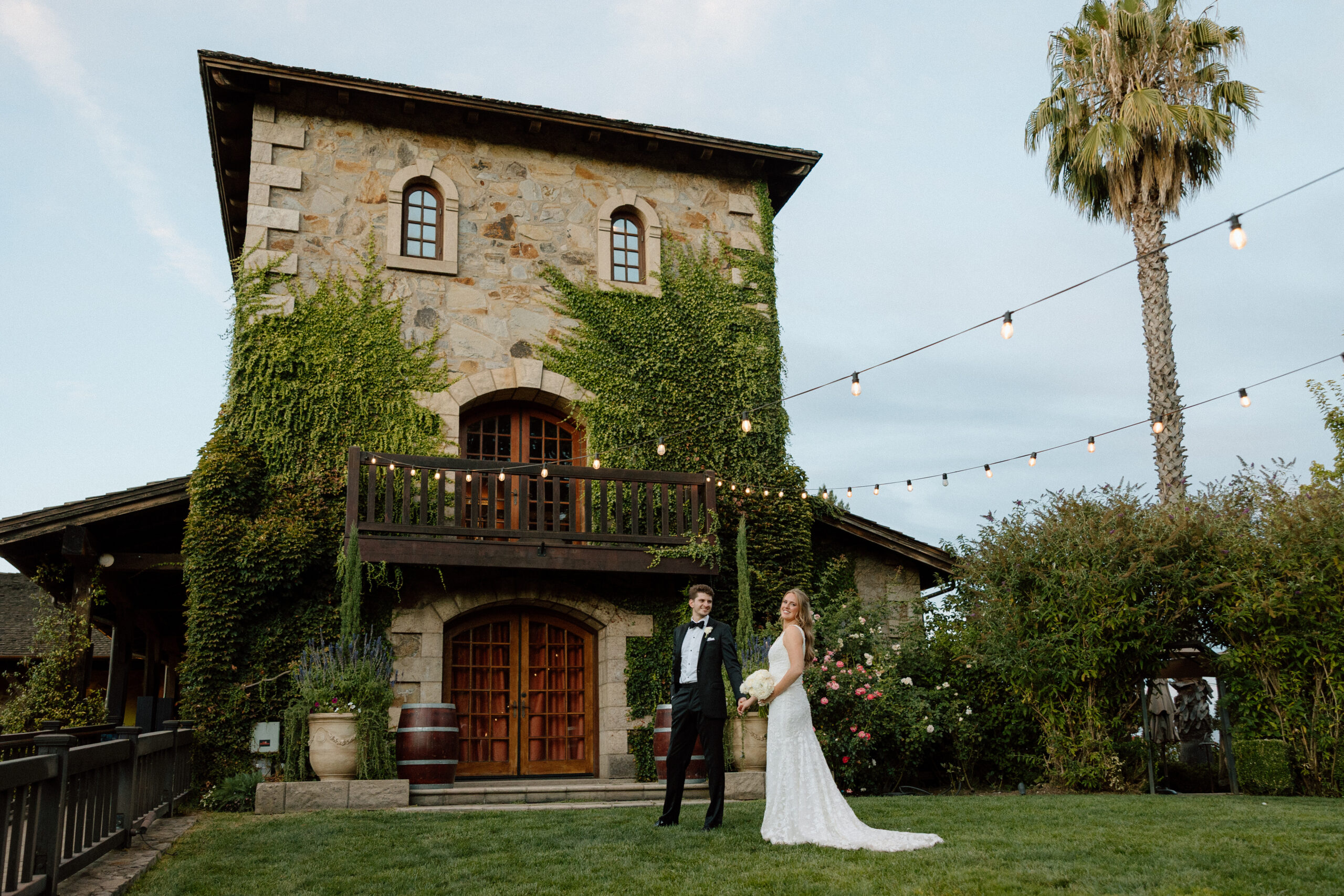 Napa Valley Wedding at V Sattui Winery with Bride and Groom at sunset