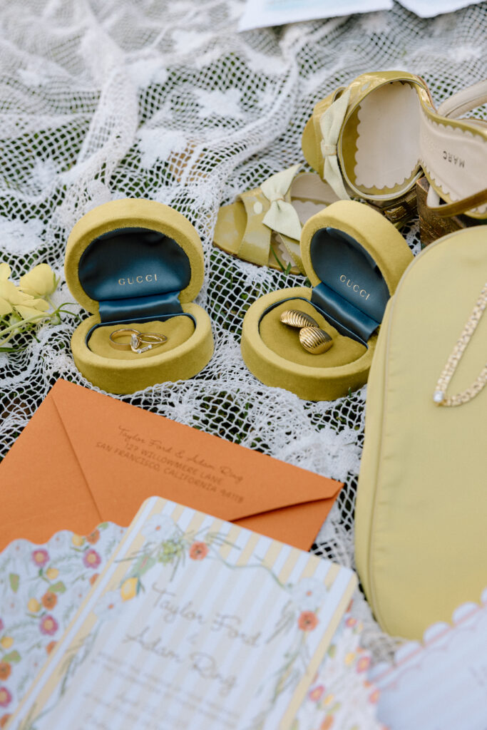 European-inspired wedding stationery and fashion details at Château St. Jean, featuring custom paper goods, vintage designer accessories, and elevated bridal styling in Sonoma Valley.