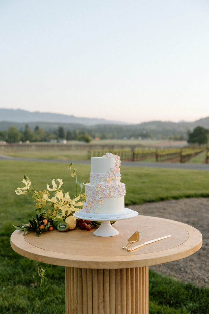 Bride and groom celebrating beside an artistic wedding cake at Château St. Jean during a European-inspired California wedding reception.