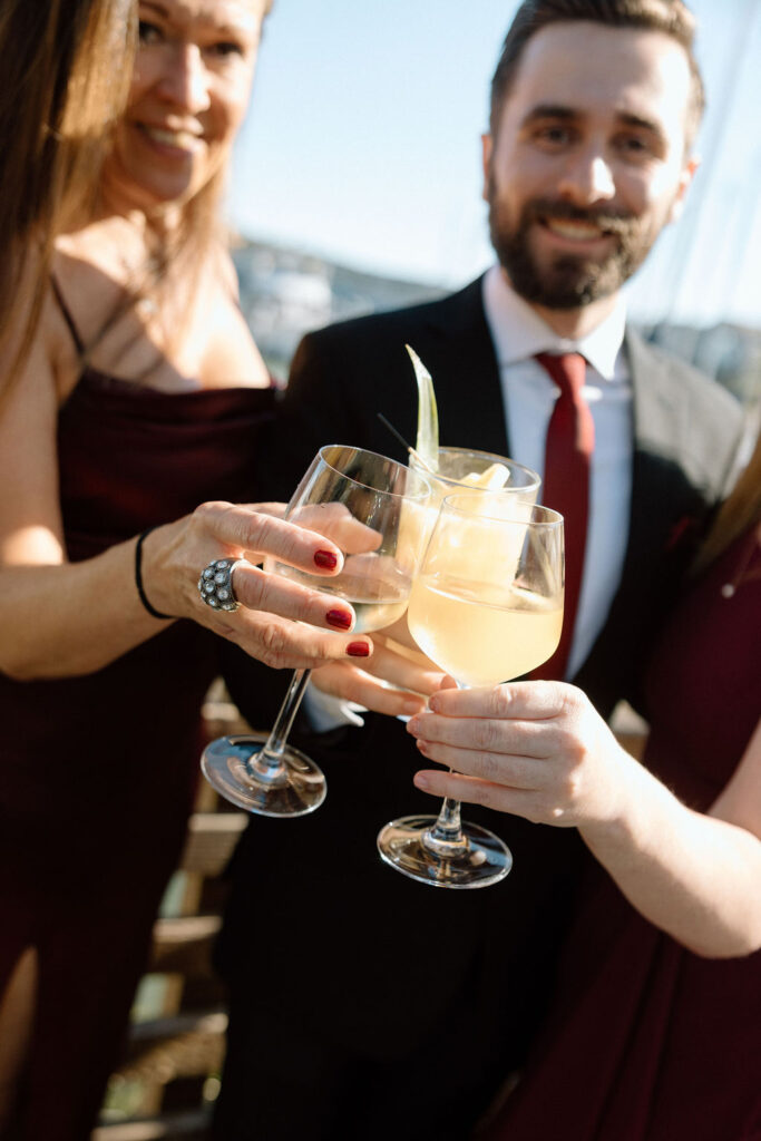 Thoughtfully designed cocktail hour setup with nautical-inspired details at a Northern California waterfront wedding