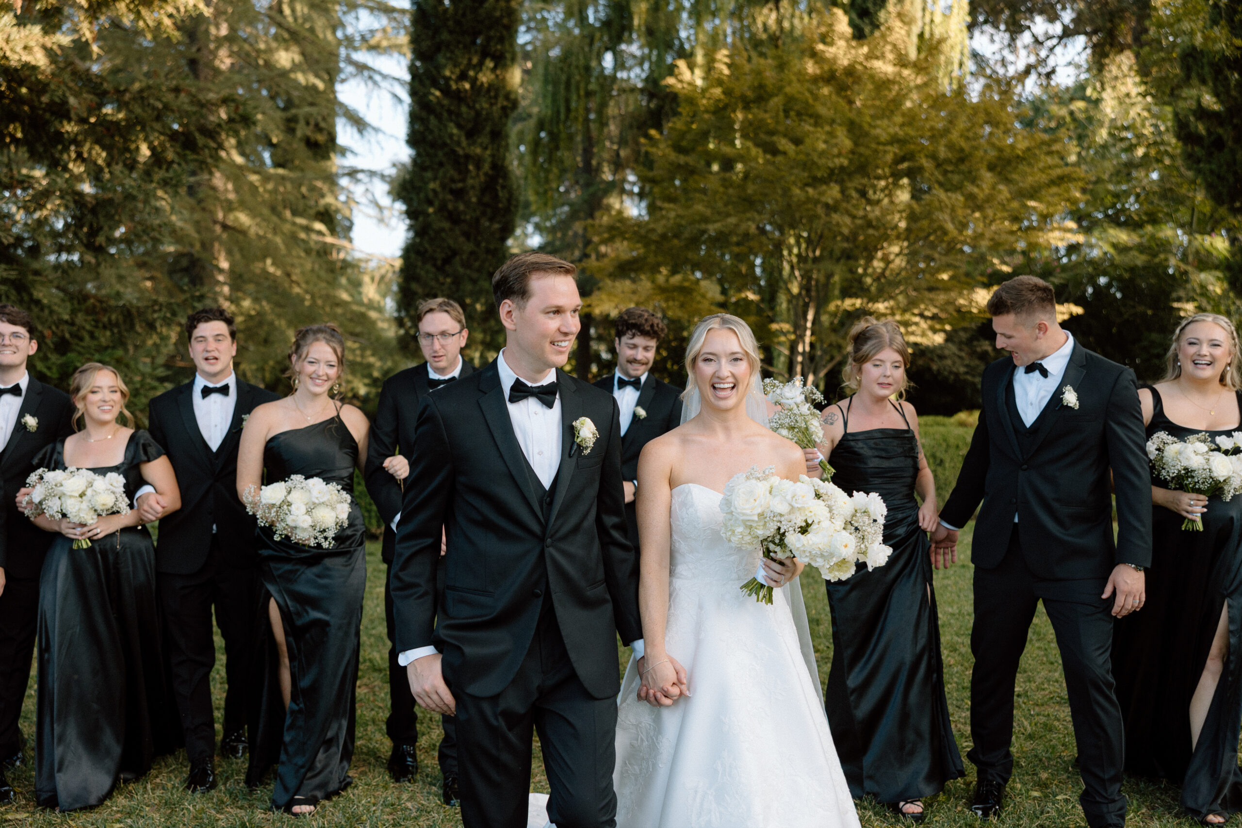 Bride and Groom with wedding party at black tie wedding at Park Winters wedding