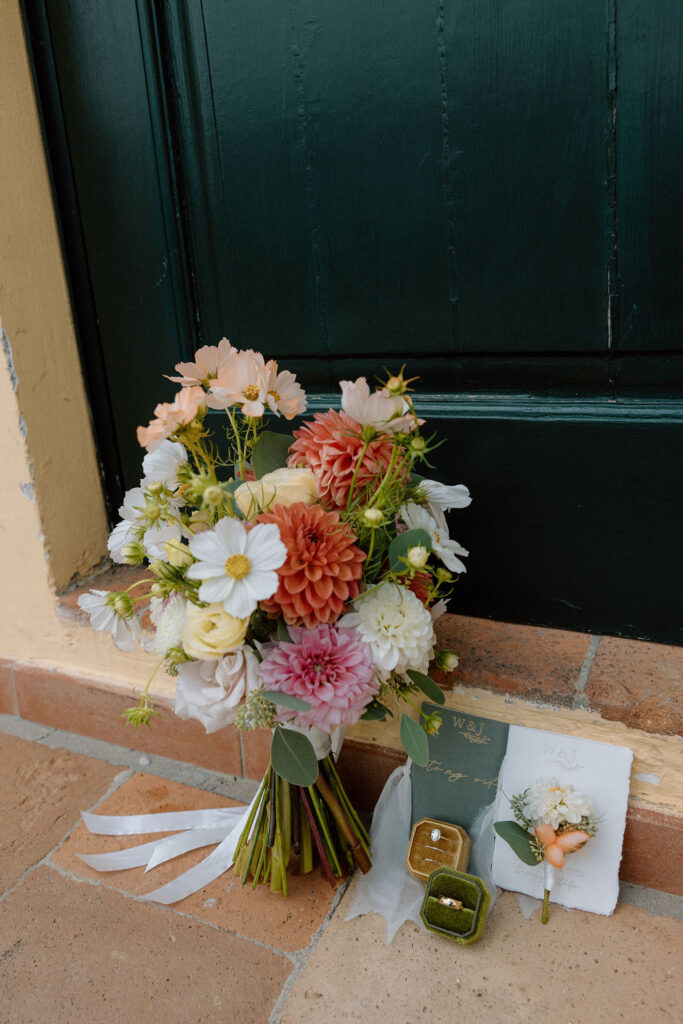 Flat lay and bouquet of details designed by Piper designs for Tuscany Wedding